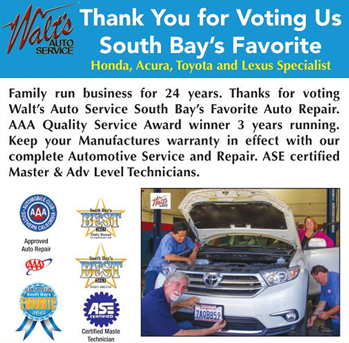 Thank You for Voting Walt's Auto Service South Bay's Favorite 2016